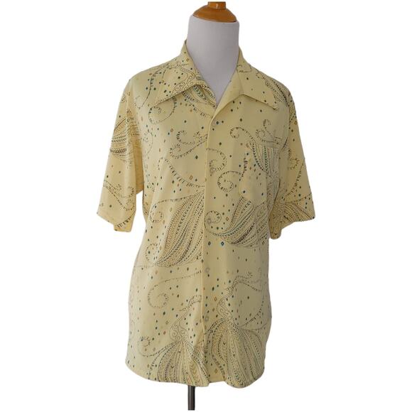 Vintage Jantzen 70s Button Front Shirt Yellow Peacock Short Sleeve Men - Picture 1 of 12